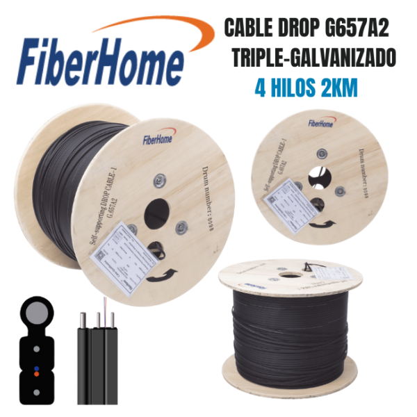 Cable FiberHome G657A2 triple-galvanizado, 4 hilos, 2KM.