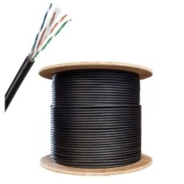 Rollo de cable negro sobre soporte de madera