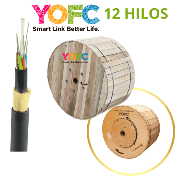 Cable de fibra óptica YOFC 12 hilos y su carrete