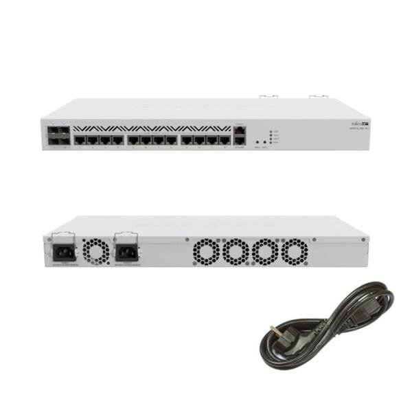Router empresarial con múltiples puertos y cable de alimentación.