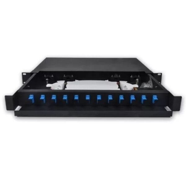 Bandeja de fibra óptica con conectores azules