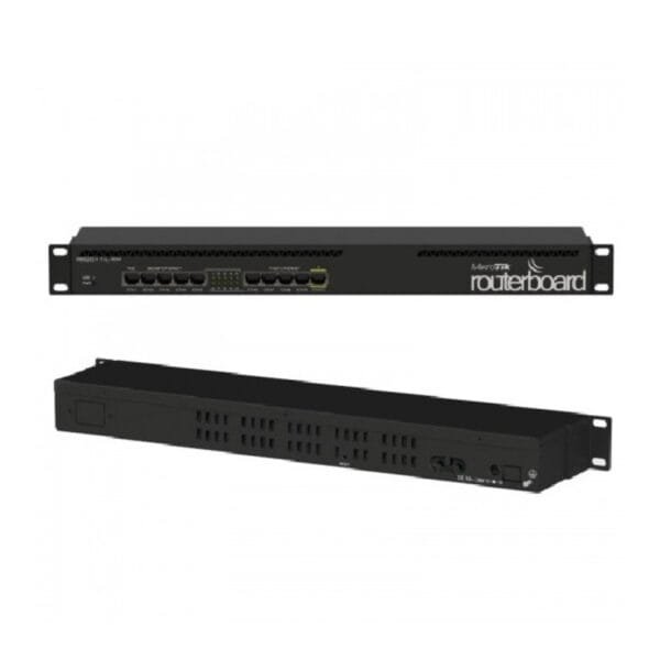 Routerboard en rack con múltiples puertos