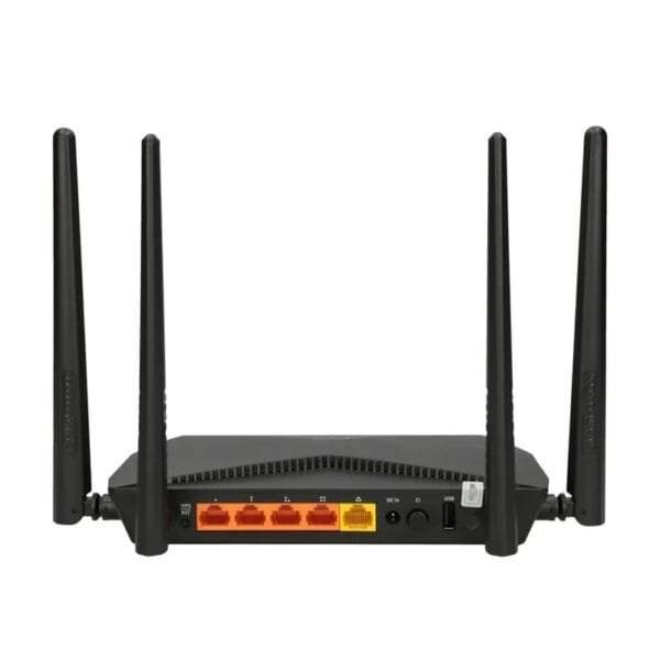 Router negro con cuatro antenas visibles.