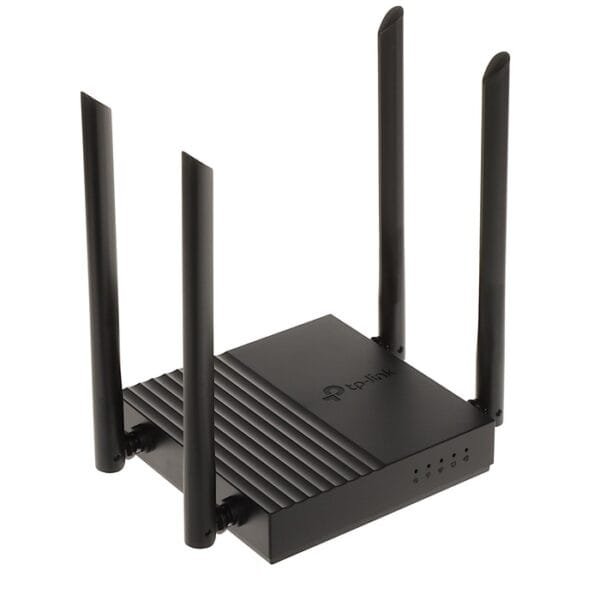 Router inalámbrico negro TP-Link con cuatro antenas.